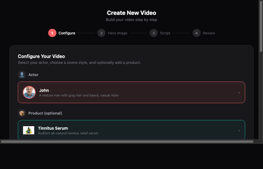 AINIO wizard: selecting John as AI actor and Tinnitus Serum as product
