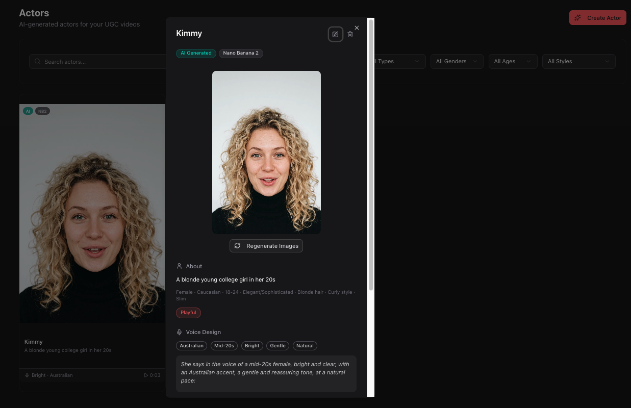 Kimmy actor profile with voice design